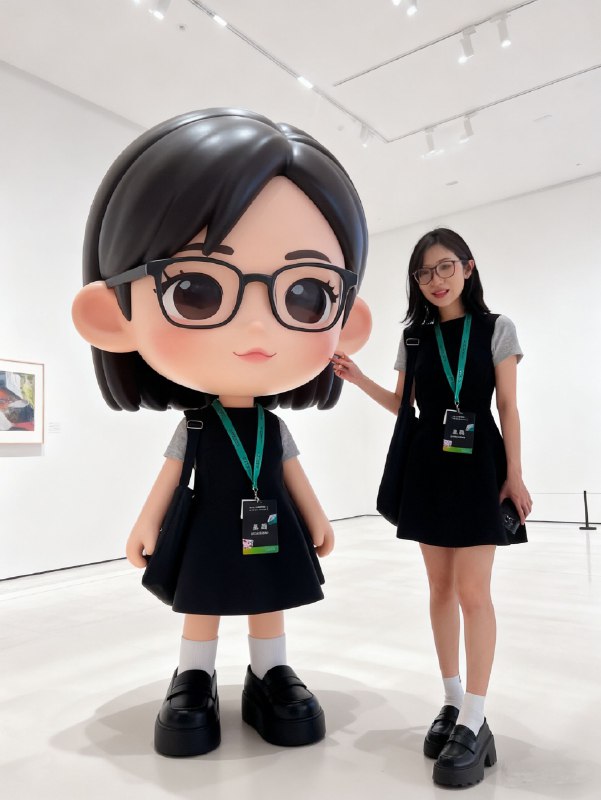 有趣有趣 豆包提示词生成的帮我生成图片：帮我生成图片：在明亮简洁的艺术展厅空间，图中主体人物身旁站立着一个同穿搭、配饰、发型、装饰等保持一致，人脸一致，体积比主体人物大好多倍的超大型Q版人偶，主体人物五官不要有变形，整体营造时尚潮流且可爱氛围，强烈的比例反差，面清晰精致，光影融合，突出人物与巨型人偶的互动及同款穿搭