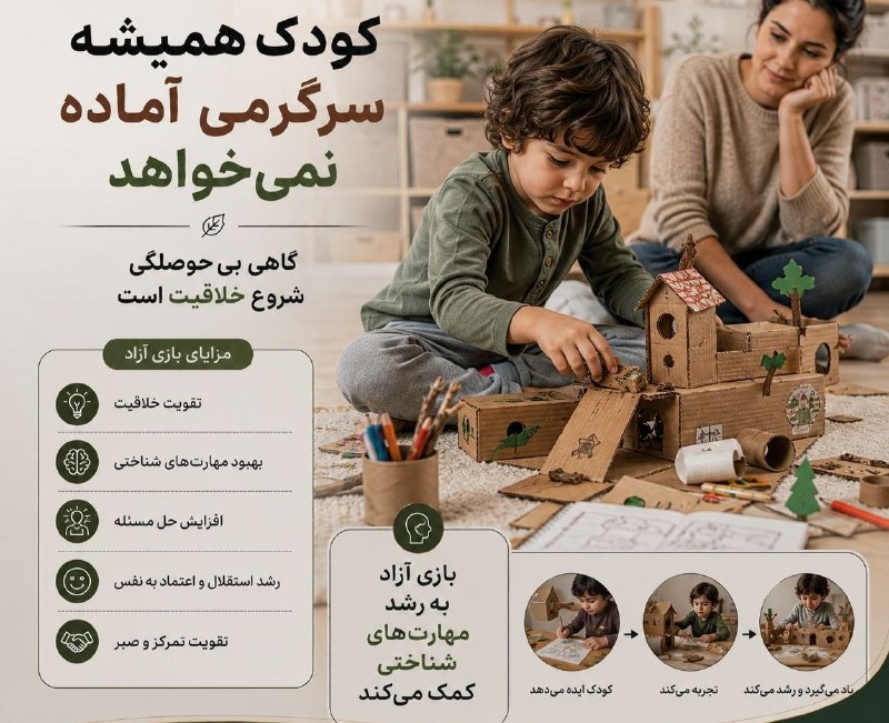 خبرازما: 🟡 کودک را همیشه سرگرم نکن؛ فرصت خلاقیت بده👨👩👧👦 گاهی والدین برای جلوگیری از بیحوصلگی کودک دائماً برنامه و سرگرمی آماد