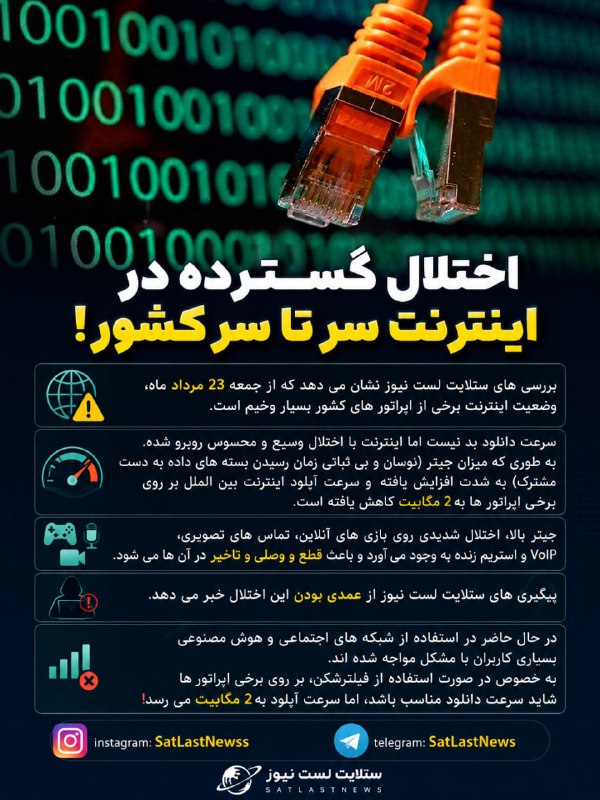 Satellites Last News: ⭕️ اختلال گسترده در اینترنت سر تا سر کشور!بررسی های ستلایت لست نیوز نشان می دهد که از جمعه 23 مرداد ماه، وضعیت اینترنت ب