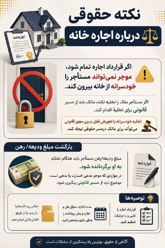 اخبار اصفهان: ♦️ نکته حقوقی درباره اجاره خانه ⚖🔹 اگر قرارداد اجاره تمام شود، موجر نمیتواند مستاجر را خودسرانه از خانه بیرون کند.#وکیل