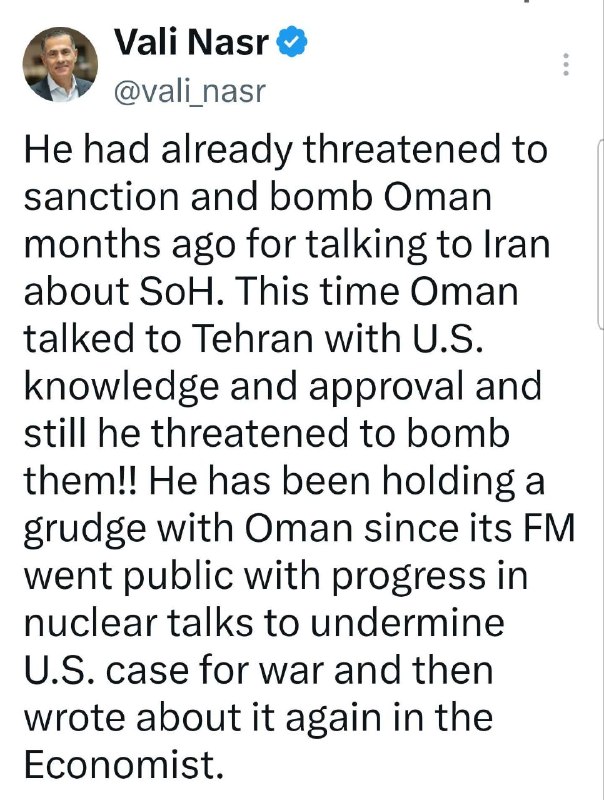 جهان ما ، ایران ما ( باقری مقدم ): ولی نصرترامپ چند ماه پیش نیز عمان را تهدید کرده بود که به دلیل مذاکره با ایران درباره تنگه هرمز، این کشور را تحریم و بمب