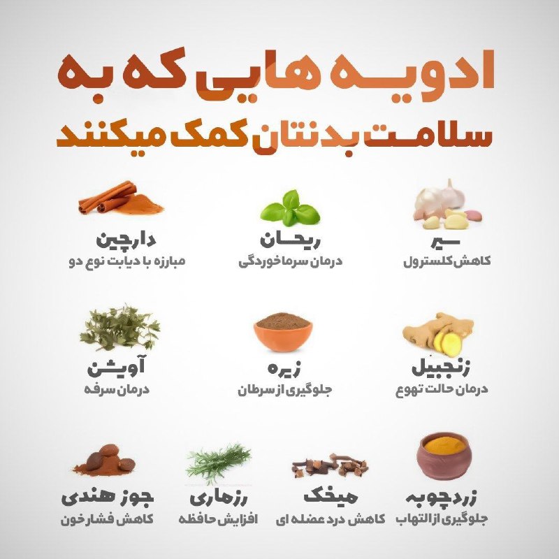 بابلی‌ها: ☘️🍀ادویه درمانی🔖 @BABOLIHAA ✔️ادویه‌ها فقط برای خوشمزه‌کردن غذا بکار نمیاد، ببینید هر کدام چه خواص درمانی دارند و چطوری 