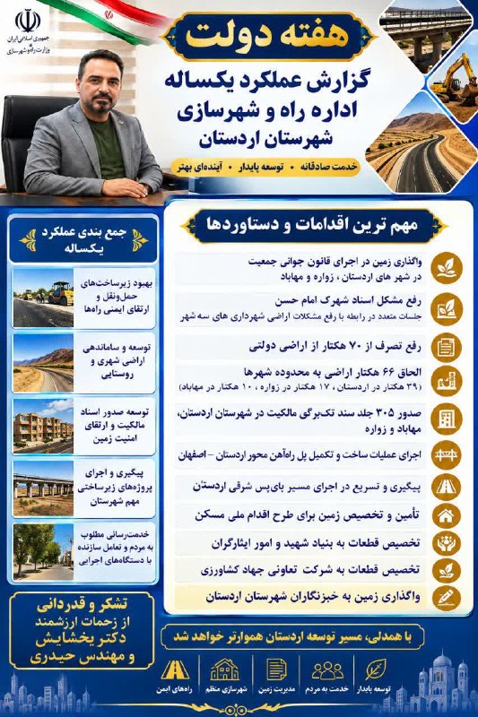 زواره نیوز: 📸 گزارش عملکرد یکساله اداره راه و شهرسازی شهرستان اردستان@zavareh_news