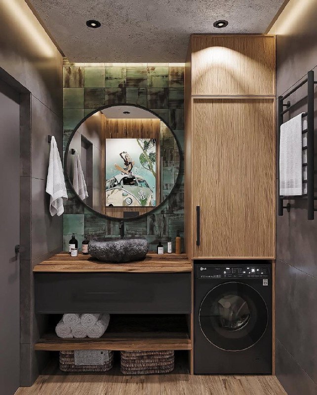 Интерьер ванной комнаты выполнен в тёмных тонах. Площадь составляет 4 квадратных метра. МЫ В МАХ подписаться - изображение 1 - интерьер, ванной, комнаты