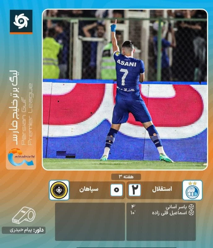 پرند فوری: ⚽️ آبیها با شکست طلاییپوشان موقتا صدرنشین شدند🔸استقلال ۲ - سپاهان ۰#پرند_فوری🆔 @parand_fori