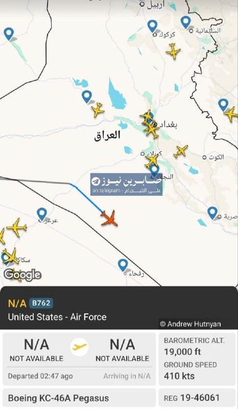 מטוס תדלוק אמריקאי KC_46 חודר למרחב האווירי העיראקי מעל נפת אלנג'ף