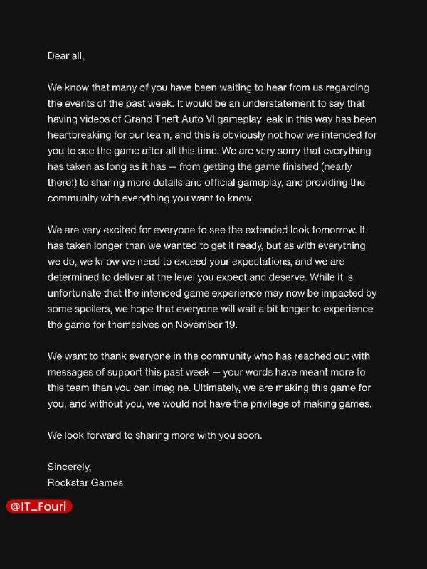فناوری فوری📡: راکاستار انتشار تصاویر لورفته GTA ۶ را «دلخراش» توصیف کرد؛ تاریخ عرضه ۱۹ نوامبر🔹به اعلام راکاستار گیمز، انتشار تصاویر