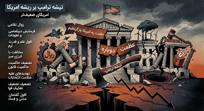 خبرگزاری صداوسیما: 🔺تیشه ترامپ بر ریشه آمریکا🔹عظمت را دوباره به آمریکا باز گردانیم با علامت اختصاری MAGA شعار کانونی انتخاباتی دونالد ترامپ