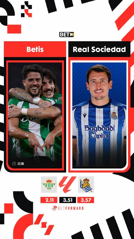 نمایندگان بت فوروارد: ⚽ رئال بتیس 🇪🇸 - 🇪🇸 رئال سوسیداد🏆 لالیگا اسپانیا 🇪🇸🕔 امشب ساعت ۲۲:۳۰🎲 با بیش از ۵۵۰ نوع آپشن پیشبینی 👆 ضرایب شگفتانگیز