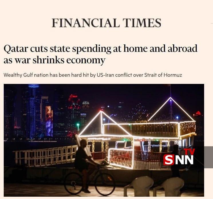 SNN.ir|خبرگزاری دانشجو: 📸 ویرانی اقتصاد قطر درپی جنگ علیه ایران 🔸فایننشال تایمز: درپی جنگ ایران بودجه دولتی قطر ۳۰ درصد کاهش یافته است.🔸در پی ای