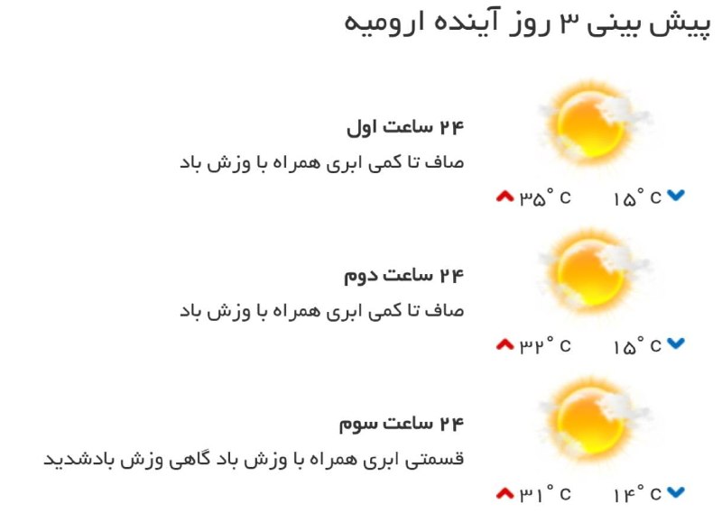 اخبار آذربایجان غربی: ♦️پیشبینی وضع آب و هوای سه روز آینده مرکز استان🔹۲۴ ساعت اول (۱۴۰۵/۰۶/۰۵)🔹 ۲۴ ساعت دوم (۱۴۰۵/۰۶/۰۶)🔹 ۲۴ ساعت سوم (۱۴۰۵/