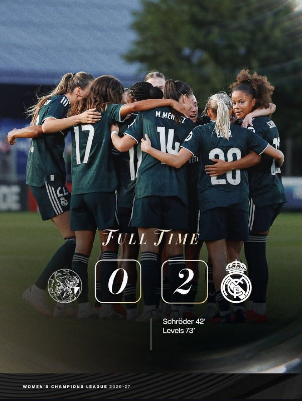 RealMadridFarsi: زنان رئال مادرید در دور رفت مرحله سوم مقدماتی لیگ قهرمانان با گلهای شرودر و لولز، آژاکس را شکست داد.@RealMadridFarsi