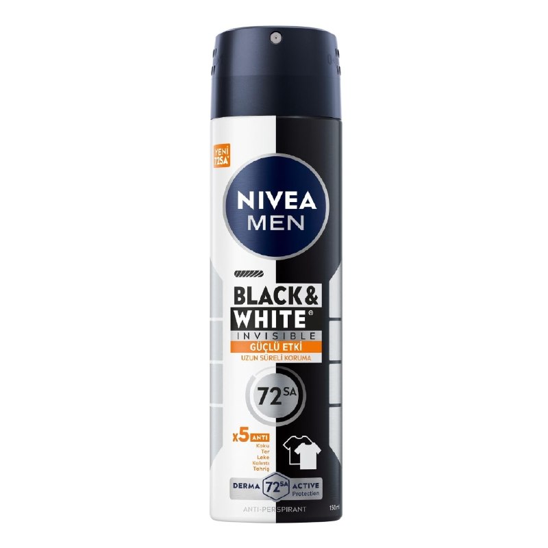NIVEA MEN Erkek Sprey Deodorant BlackWhite Invisible Güçlü Etki 150 ml, 72Saat Anti Perspirant Terleme ve Ter Kokusuna Karşı Koruma,Kıyafetlerde Leke Karşıtı NIVEA MEN
