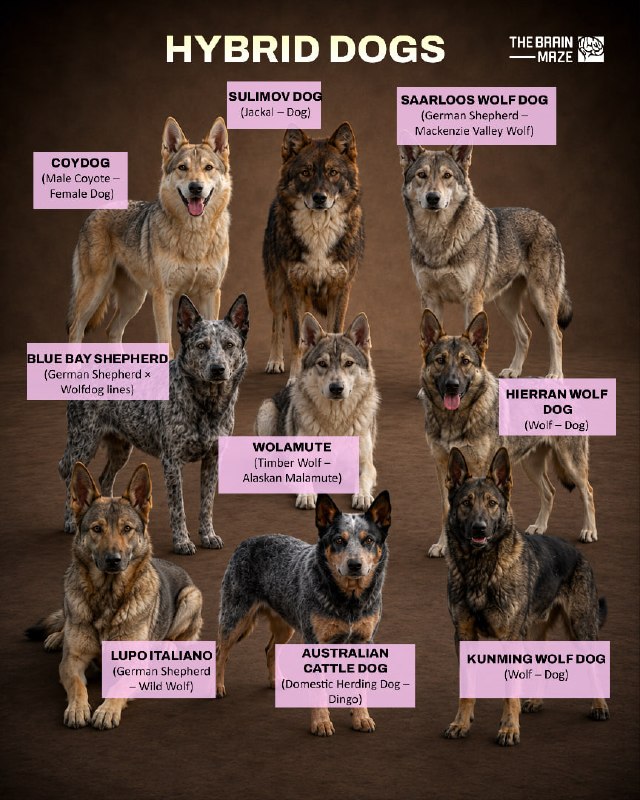 Hybrid dogs are created by crossing domestic dogs with closely related wild canids, such as wolves, coyotes, jackals, or dingoes.
