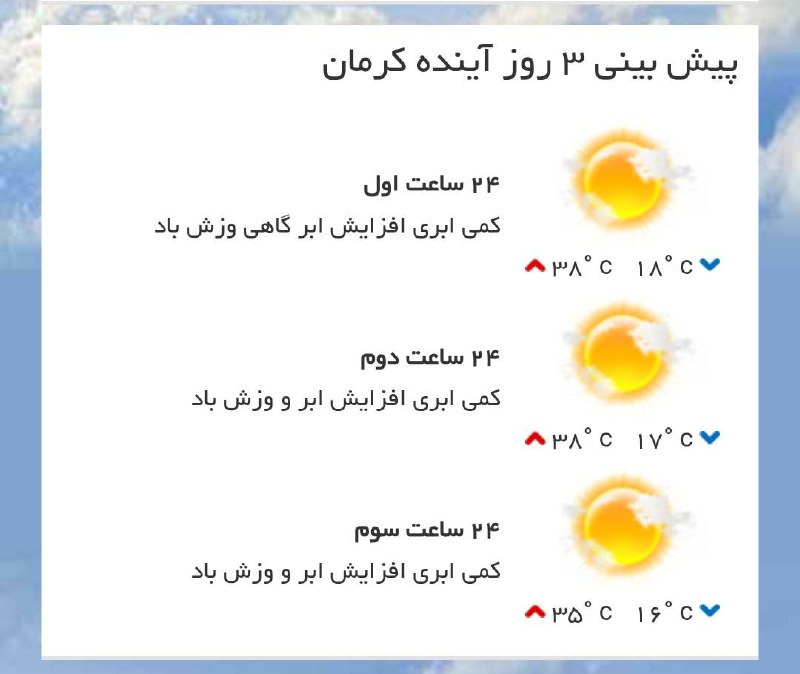 آخرین خبر کرمان: ♦️پیشبینی وضع آب و هوای سه روز آینده مرکز استان🔹۲۴ ساعت اول (۱۴۰۵/۰۵/۳۰)🔹 ۲۴ ساعت دوم (۱۴۰۵/۰۵/۳۱)🔹 ۲۴ ساعت سوم (۱۴۰۵/