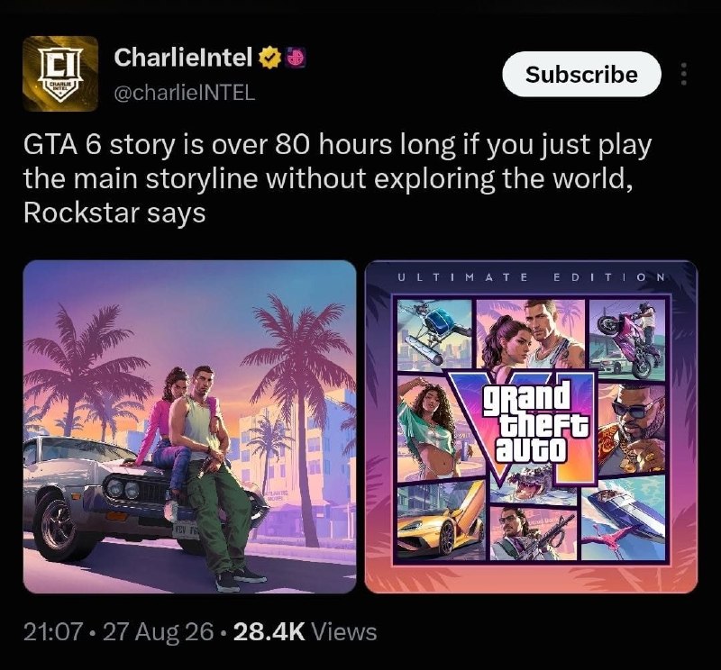 Экономика и не только: Основной сюжет GTA 6 займет около 80 часов, сообщили в Rockstar. За это время можно пройти главную историю и часть допол