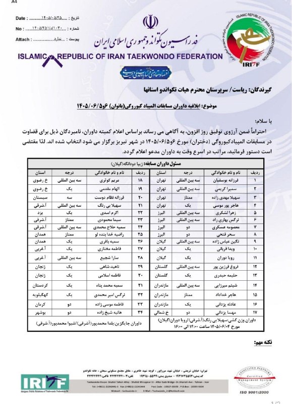 اخبار تکواندو استان اصفهان: ابلاغیه داوران مسابقات کیوروگی المپیاد استعدادهای برتر🟦 اسامی داوران مسابقات کیوروگی المپیاد استعدادهای برتر که ۵ و ۶ شه