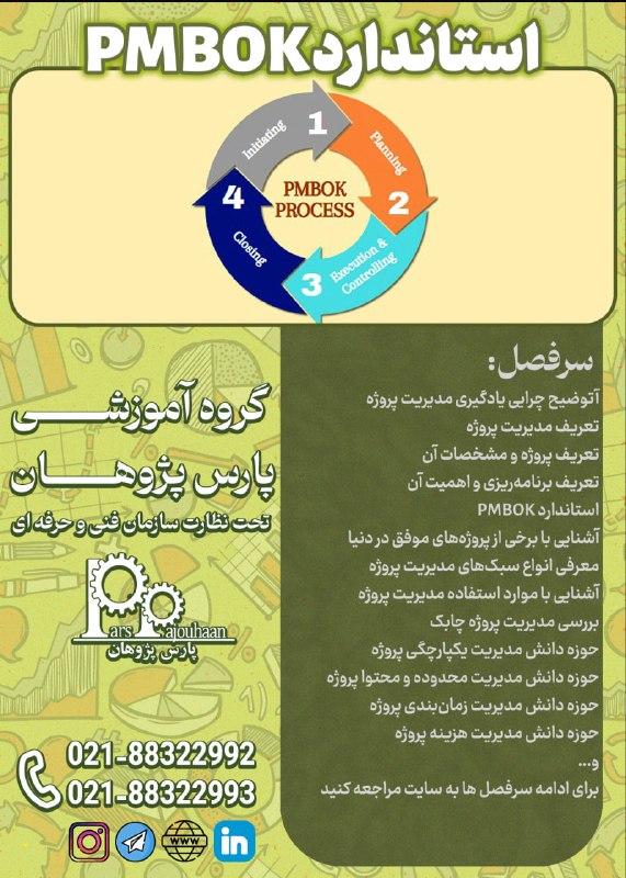 مهندسی صنایع پارس پژوهان: 🔥در حال برنامه ریزی برای شروع دوره 🔥 🔵آشنایی با استاندارد مدیریت پروژه(PMBOK)⏰ 36 ساعت✏️اطلاعات دوره 👉کلیکمشاوره و ثبت ن