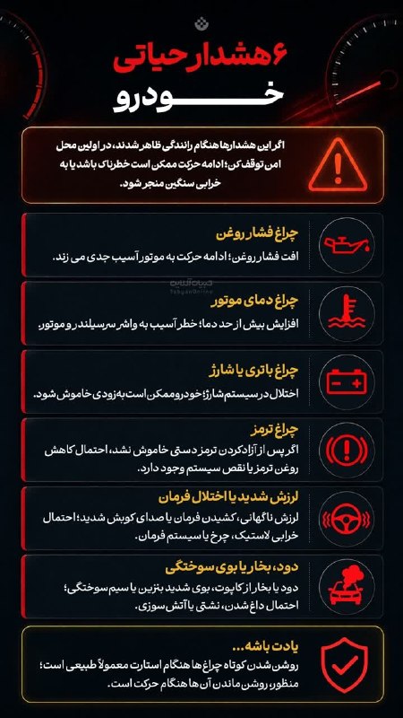 خاورستان: 📣 ۶ هشدار حیاتی خودرو 🔸 اگر این هشدارها هنگام رانندگی ظاهر شدند، در اولین محل امن توقف کن؛ ادامه حرکت ممکن است خطرناک با