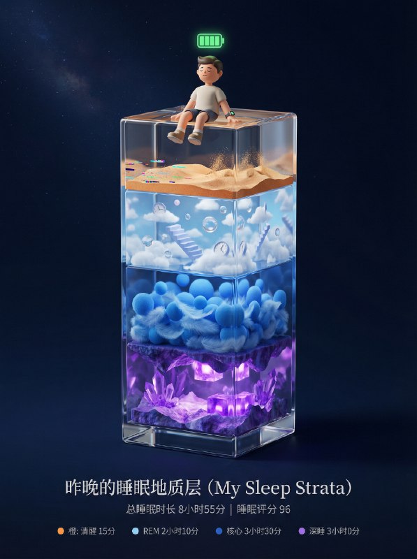 Nana Banana Pro 提示词，这个超好玩！可爱的睡眠报告海报（Sleep Report Poster）将提示词和睡眠数据截图发给 Nana Banana 就行，Q 版小人和每层高度会根据你的数据变化