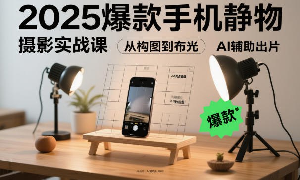 课程介绍：课程来自金老师的2025爆款手机静物摄影实战课。还在为“漂亮饭”拍不出好看图、生活照没氛围、副业摄影缺技能发愁？这门课教你用手机搞定美食/生活/产品摄影：从构图到布光，不用贵设备，AI辅助出片。学前杂乱平淡的照片，学后秒变高级氛围图，朋友圈、探店自媒体素材轻松拿捏，手残党也能快速出质感大片。课程目录：01.省钱摄影法：零基础拍好美食&amp;商品.mp402.开篇之手机也能拍出商拍感｜从爱好到变现的第一步.mp403.（实拍）预算低？没有基础？不懂设备也能拍：氛围营造术——超越器材的摄影思维.mp