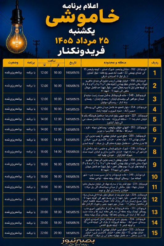 بصیرنیوز: 🔌 اعلام برنامه خاموشی یکشبه ۲۵ مرداد ماه ۱۴۰۵ فریدونکنار#بصیرنیوز 👉 @basirnewss