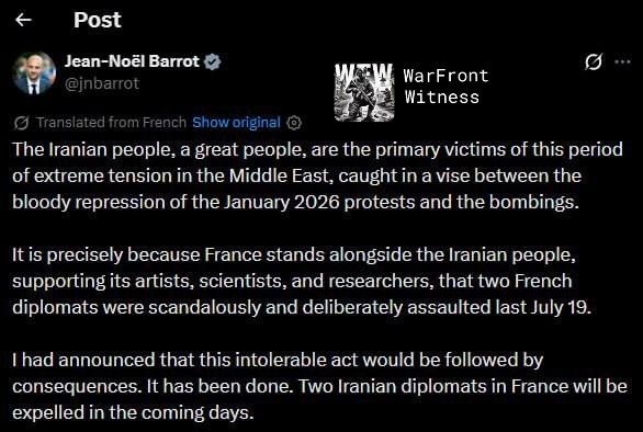 ️🇫🇷🇮🇷 שר החוץ הצרפתי, ז'אן-נואל בארו, הודיע על גירושם של שני דיפלומטים איראנים מצרפת, בעקבות התקפת שני…