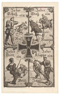 German propaganda poster: Every shot for the Russians, every blow for the French, every kick for the British, every slap for the Japanese, 1914.Time Machine | Historical Photo