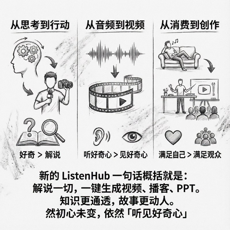 ListenHub 这半年，发生了三个微妙的转变从思考到行动好奇 > 解说从音频到视频听好奇心 > 见好奇心从消费到创作满足自己 >满足观众新的 ListenHub 一句话概括就是：解说一切，一键生成视频、播客、PPT知识更通透，故事更动人