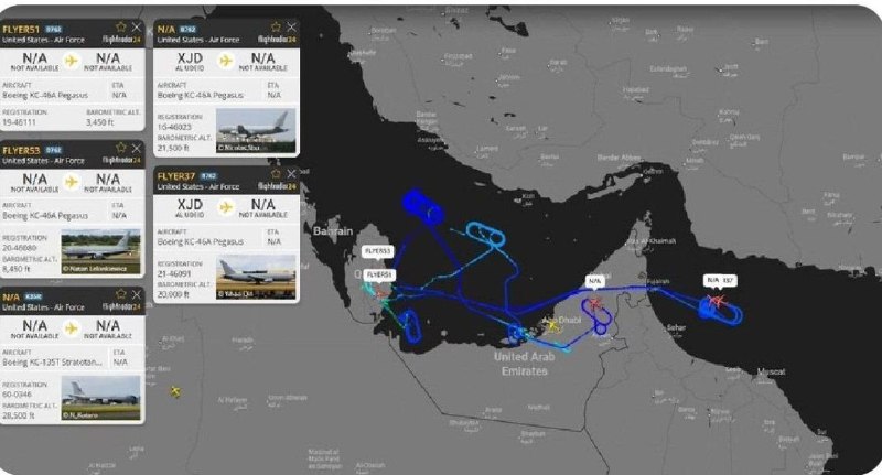 — 🇺🇸/🇮🇷 חמישה מטוסי תדלוק של חיל האוויר האמריקני מבצעים משימות בשמי המפרץ וים עומאן, ליד החוף הדרומי של…