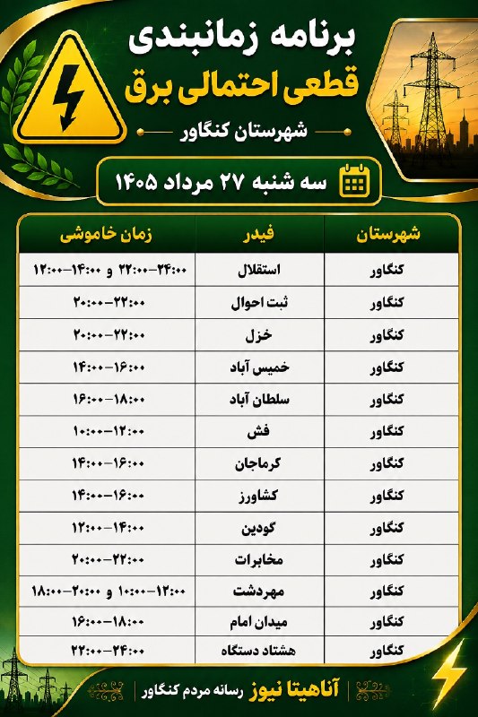 آناهیتا نیوز | Anahita News: #اطلاعیه برنامه زمانبندی قطعی احتمالی برق شهرستان کنگاورسه شنبه ۱۴۰۵/۰۵/۲۷آناهیتانیوز ؛ رسانه مردم کنگاور🆔 @anahitanews