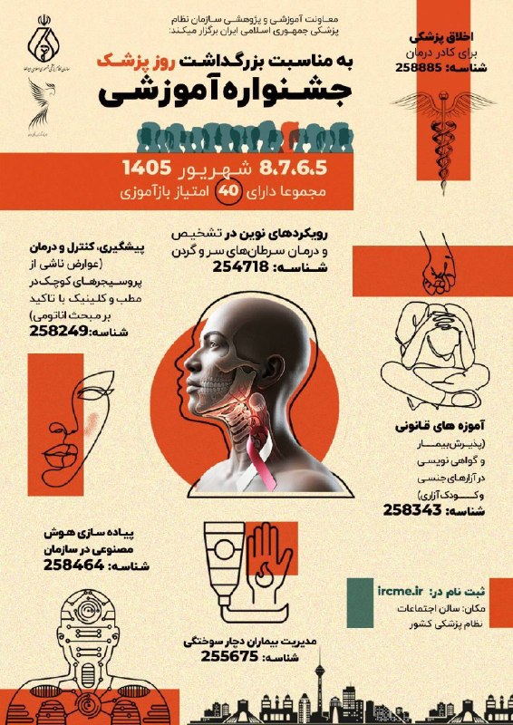 سازمان نظام پزشکی جمهوری اسلامی ایران: برگزاری جشنواره آموزشی معاونت آموزشی و پژوهشی سازمان نظام پزشکی به مناسبت روز پزشک؛ ارائه مجموعه برنامههای علمی با ۴۰ ا