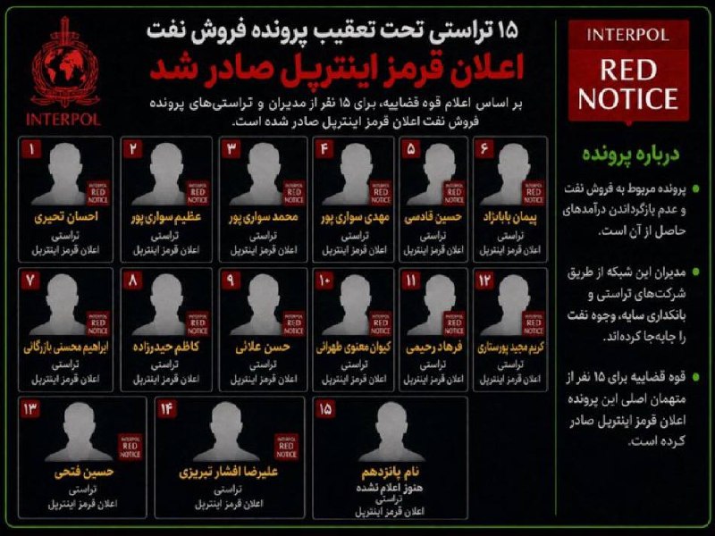 + TAP NAMAHDOD: فهرست ۱۵ تراستی تحت تعقیب پرونده فروش نفت کامل شد.بر اساس اعلام قوه قضاییه، برای ۱۵ نفر از مدیران و تراستیهای این پرو
