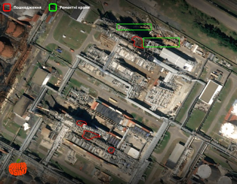 Satellite imagery published by DniproOsint shows two damaged AVT units and repair cranes at Russia's Novoshakhtinsk refinery.