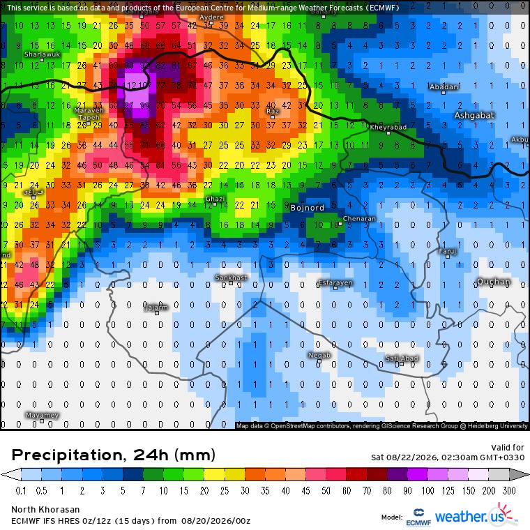 هواشناسی ایران: خروجی بارش ۲۴ساعته مدل اروپابر اساس آپدیت صبح امروز ECMWF، تا ساعت ۲:۳۰ بامداد شنبه ۲۲ مرداد، پیک بارش در نوار مرزی گلست