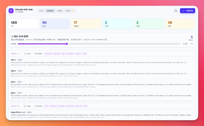 开发了一个Skill管理器黄叔也发现了Skill多了之后很难管理社群小伙伴也有很强的需求迭代了几个小版本后先发布出来目前的功能主要是：1. 快速完成整个硬盘的扫描，识别Skill2. 支持可视化创建历史版本（相当于Git做版本管理）3. 支持快速做相似度检测、冲突检测，方便删除Skill4. 删除Skill会进7天回收站5. 增加GitHub仓库用于云端保存skill/多端同步欢迎大家提交PR后面黄叔会开源更多Skill那可老多了月底还要继续开Skill黑客松拉了YouMind支持~会很好玩首次安装，终端一行命令：npm install -g 