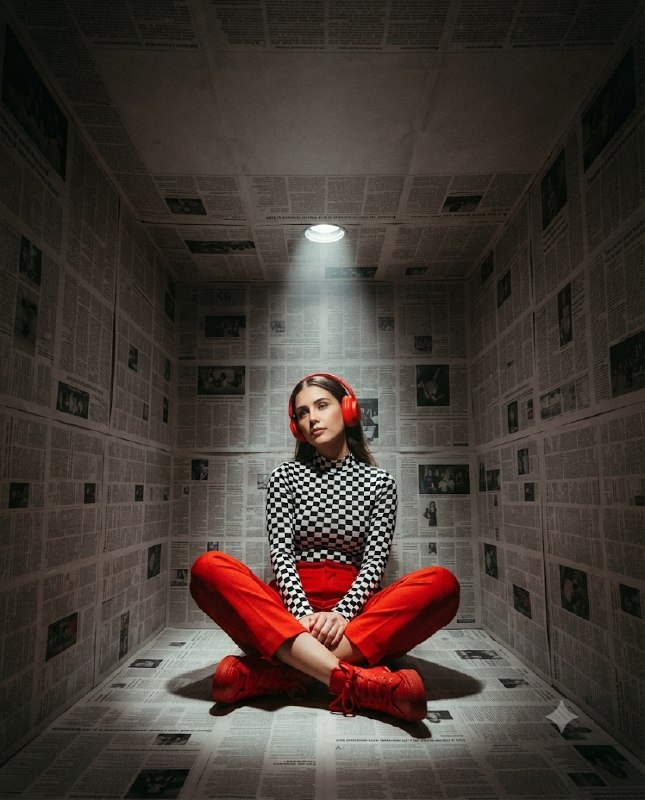 Cafe Android | کافه اندروید 📲: پرامپت جدید 📰Wide surreal fashion shot, woman sitting cross-legged centered inside small box room entirely covered in ne