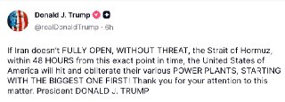 Трамп пригрозил Ирану ударами по энергетике, если Тегеран в течение двух дней не откроет Ормузский проливТрамп пригрозил уничтожить энергетические объекты Ирана, если Ормузский пролив не будет открыт в течение 48 часов. Об этом он написал в своей соцсети T
