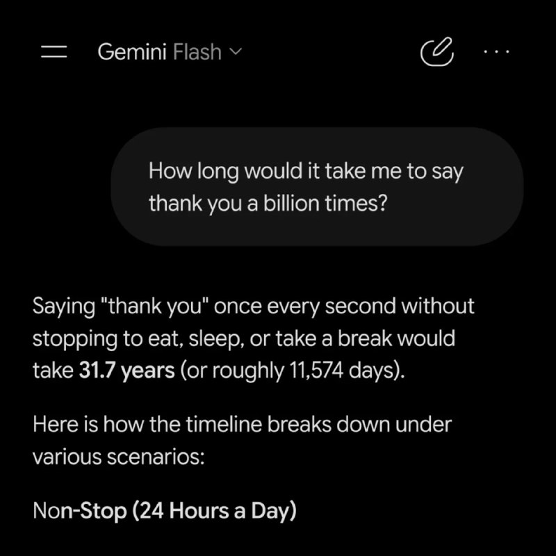 IranServer | ایران‌ سرور: 💙 یک کاربر از Gemini پرسید: «اگر بخواهم یک میلیارد بار از تو تشکر کنم، چقدر طول می‌کشد؟»💛 جمینای حساب کرد اگر هر ثانیه ف