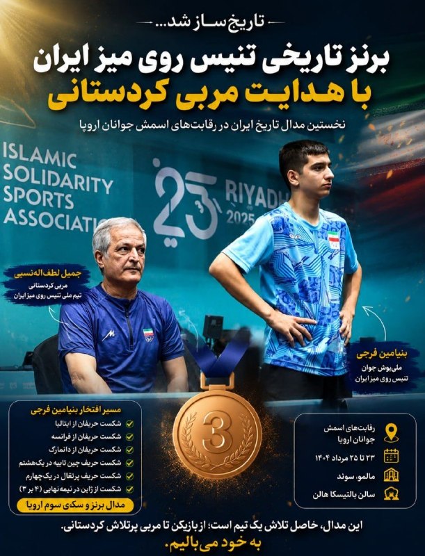 Kurdtodayکانال کوردتودی: 🥉 برنز تاریخی تنیس روی میز ایران با هدایت مربی کردستانی🔻بنیامین فرجی، ملی‌پوش جوان تنیس روی میز ایران، با هدایت جمیل لطف