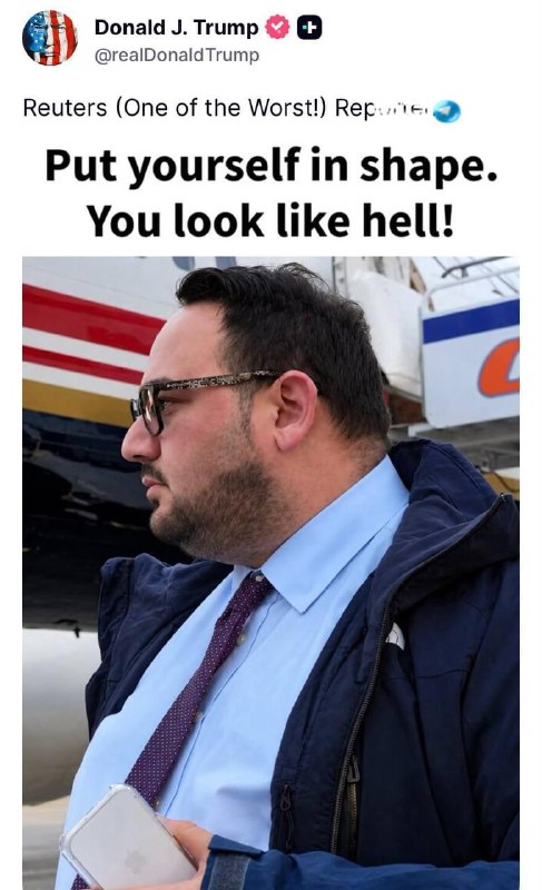 🇮🇱 לאחר שהתעמת איתו במהלך ראיון. טראמפ ממשיך לעלוב בכתב ״רויטרס״ כשפרסם תמונה שלו וכתב: ״תיכנס לכושר, אתה…