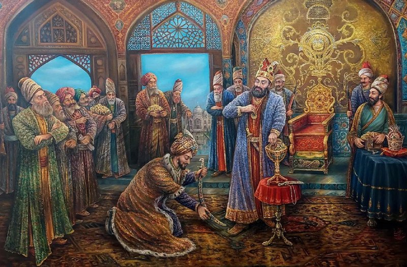 پژوهشگاه ایرانشناسی: سقوط دهلی ، محمد گورکانی پادشاه هندوستان تسلیم شاهنشاه ایران نادر افشار می شود.◻️نگارگر: استاد نادر لنجانی◻️تاریخ: ۱۴۰۰