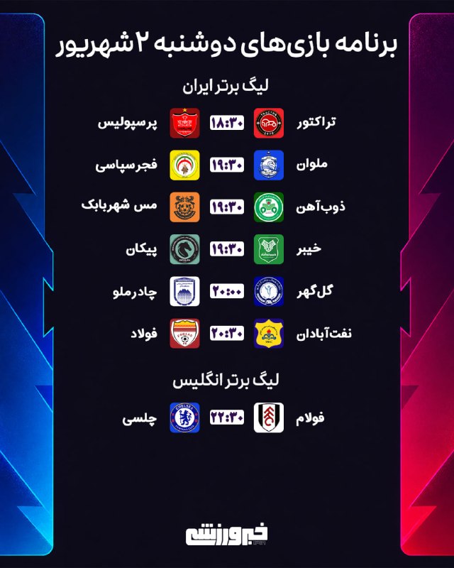 خبرورزشی: 📆 برنامه بازیهای دوشنبه ٢ شهریور🆔 @Khabar_Varzeshi