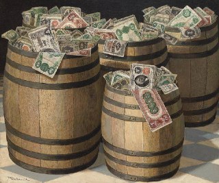 Barrels of Money🖌 Artist: Victor Dubreuil (French-born American, active 1880--1910). Oil on canvas, ca. 1890s. Museum of Fine Arts, St. Petersburg, FloridaThis painting presents wooden barrels overflowing with old banknotes, creating a striking visual meta