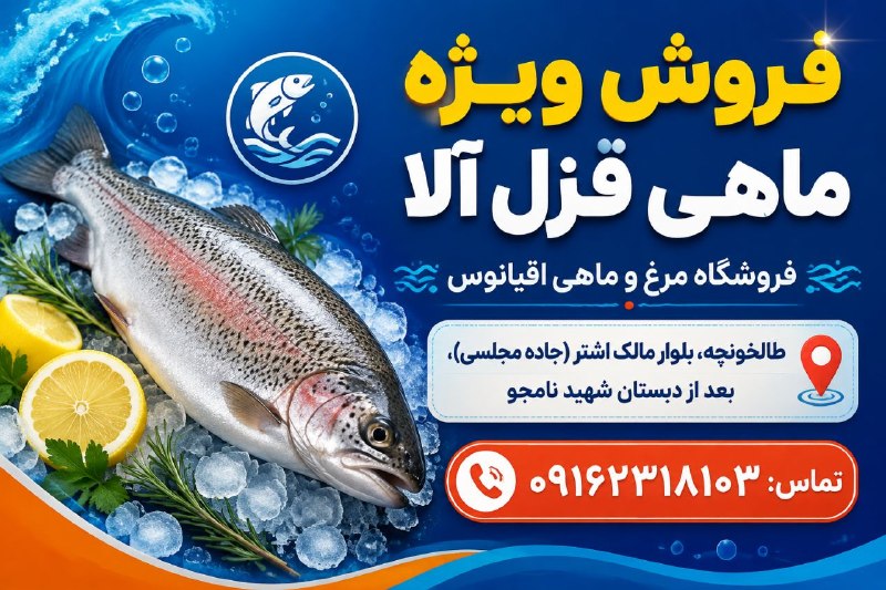 رسانه اختصاصی طالخونچه: 🟣فروش ویژه ماهی قزل آلا در فروشگاه مرغ و ماهی اقیانوس:📌طالخونچه،بلوار مالک اشتر(جاده مجلسی)، بعد از دبستان شهید نامجو📲تم