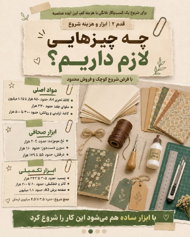 اخبار فارس: ♦️برای شروع یک کسب‌وکار خانگی با هزینه کم، *دفترسازی و ژورنال دست‌دوز می‌تونه یکی از گزینه‌های مناسب و جذاب باشه 📒✨🔹اگر 