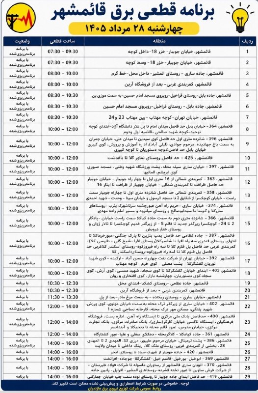🌟قائمشهریها🌟: ❌جدول خاموشی برق چهارشنبه ۲۸ مردادماه در قائمشهر@GhaemShahriha❌جدول خاموشی برق چهارشنبه ۲۸ مردادماه در قائمشهر@GhaemShah