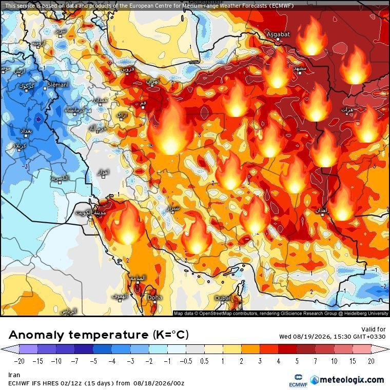 کانال هواشناسی هواخاوران: 🔘🌡پیش بینی آنومالی دمای احتمالی ظهر #فردا ۲۸ مرداد پیش‌بینی مدل اروپائی 🌡☀️هوای فوق گرم مردادی ، در دامنه‌های جنوبی البر