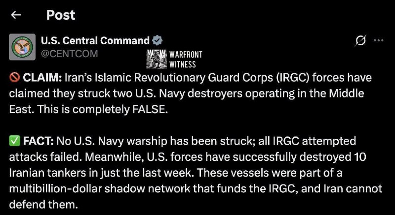 ️🇺🇸🇮🇷 CENTCOM אומרת שאף ספינת מלחמה אמריקאית לא נפגעה וכי כל ניסיונות ההתקפות של משמרות המהפכה נכשלו. ה…