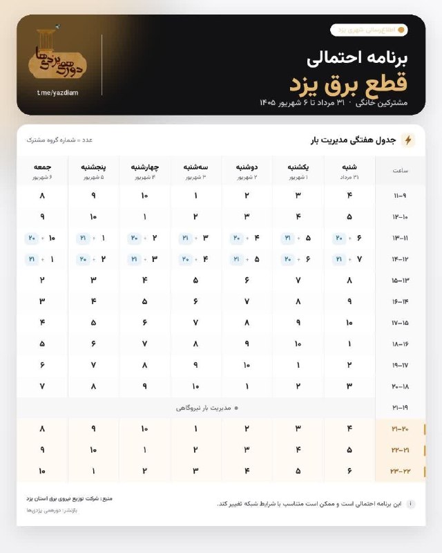 یزد من: برنامه قطع برق یزد، مشترکین خانگی، هفته اول شهریور ماه@yazde_man